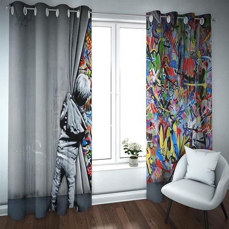 Style Graffiti Lot de 2 Rideaux Occultants, thème Hip hop Rideau Thermique Isolant Anti Froid, 140x240, Rideau Occultant avec Œillets Rideau Fenetre - 140L X 240H cm (2 Panneaux) (1/5)