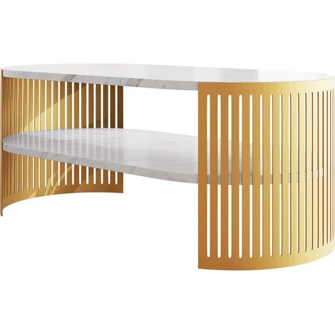 Mesa de centro Civer IV, Dorado + Mármol blanco, 40x50x100cm, Diámetro: 0, Aglomerado laminado, Ovalada