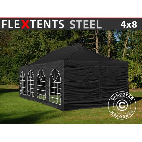 Tente Pliante Chapiteau pliable Tonnelle pliante Barnum pliant FleXtents Steel 4x8m Noir, avec 4 cotés (1/5)