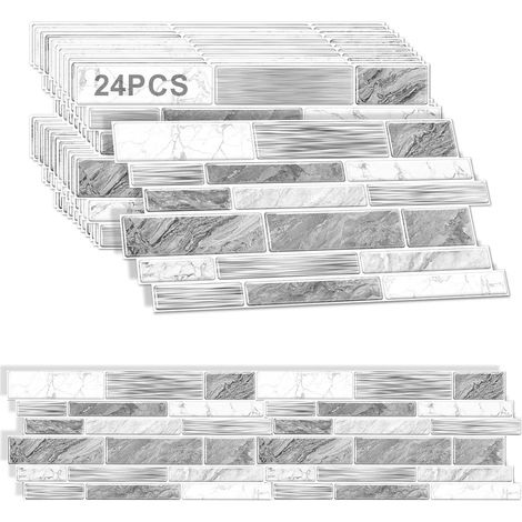 Set mit 24 Fliesenaufklebern (24,6 × 12 cm) für Küche und Bad, weiße Marmoroptik, einfach anzubringen und wasserfest (1/5)