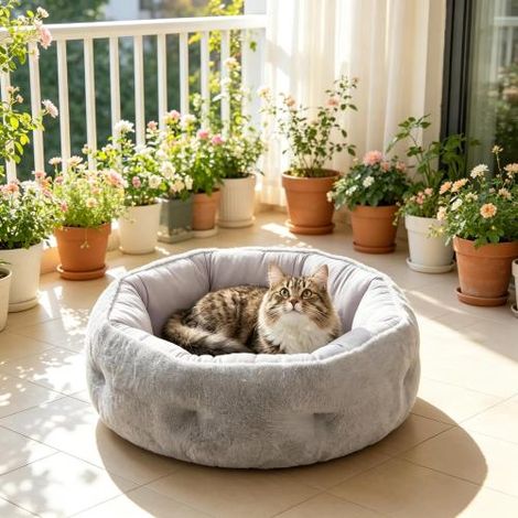 Cuccia per gatti a doppia faccia, adatta sia a gatti che a cani da interno, di forma rotonda con lati di supporto, spedita direttamente dal negozio. (1/5)