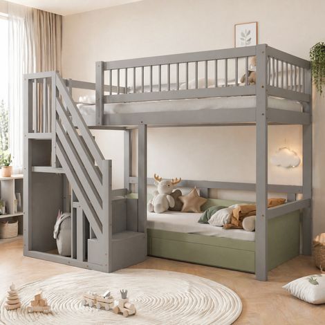 Lit mezzanine 140 x 200 cm en bois gris avec escalier de rangement et cadre stable (1/5)