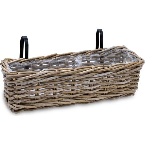 Rattan Balkonkasten natur - 44 x 17 cm - Weide Pflanzkorb mit Halterung - Balkon Garten Blumenkasten Pflanztopf Blumenkorb zum Einhängen an Geländer