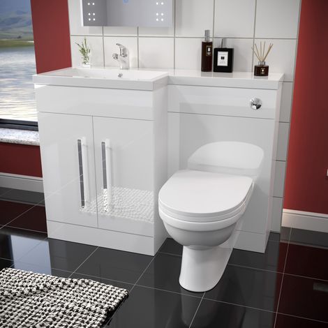 ELEGANT 1100mm L Shape Bathroom Vanity Sink Unit Furniture Storage,High Gloss White Vanity Unit with Concealed Cistern + Basin with Ceramic D shaped Toilet Left Hand