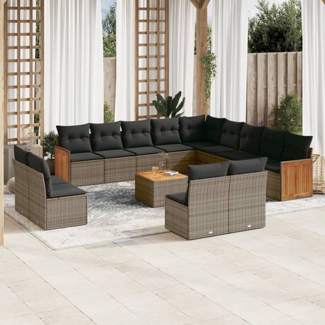 Salon de jardin 14 pièces avec coussins, résine tressée, gris et table en bois d’acacia - PANGIVO (1/3)