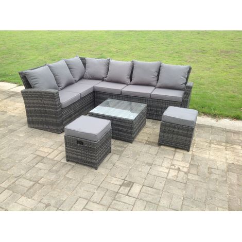 Fimous 8 Seater Outdoor Furniture Garden Dining Set Rattan Corner Sofa Set with Square Coffee Table 2 Small Footstools Dark Grey Mixed (1/3)