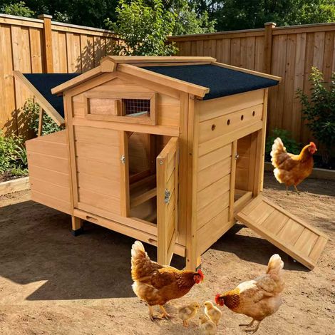 Poulailler en Bois sur Pilotis pour 1 à 3 Poules avec Nichoir Double Toit Bitumé Tiroir Amovible et Rampe Abri Poules Anti-Prédateurs - Naturel
