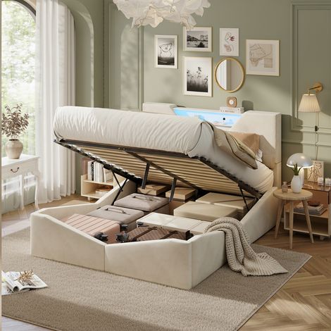 Lit coffre 140x190cm - Lit double 140x190cm - Lit rembourré hydraulique, Tête lit compartiment de rangement, Cadre litmétal, 12 lattes - Beige (1/5)