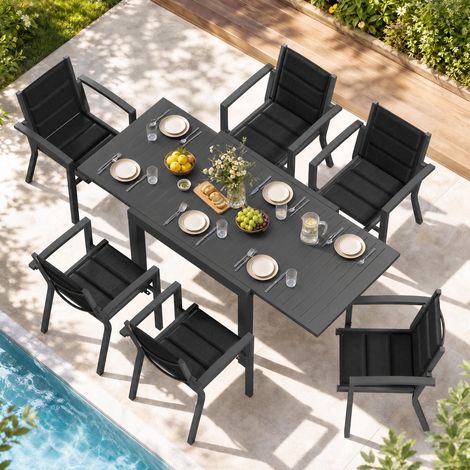 Salon de Jardin Extérieur avec 6 Fauteuils et 1 Table en Aluminium Extensible pour 6 Personnes, Robuste, Durable et Facile à Nettoyer, Idéal pour Terrasse, Jardin et Espace Extérieur (1/5)