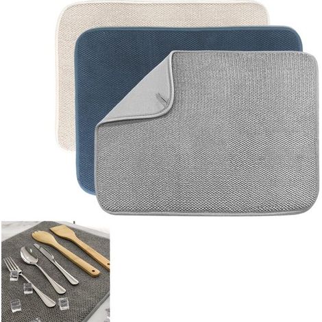 Mikrofaser-Spülmatte，Auslaufsicher und rutschfest，Leicht zu reinigende Spülmatte，Küchenabtropfmatte，3er-Set，groß (51 x 38 cm)，Beige/Grau/Blau (1/5)