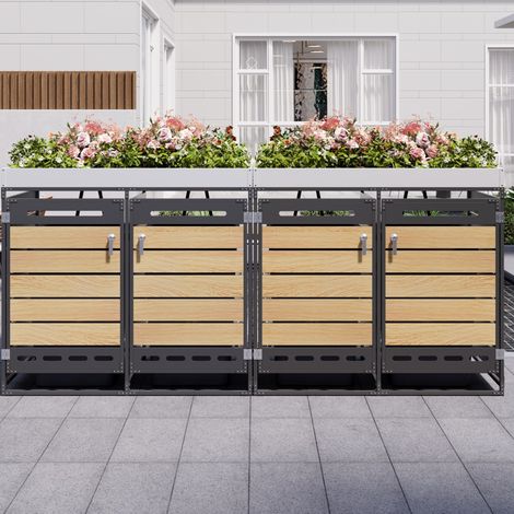 Caja para cubos de basura 4 compartimentos negra en hierro con jardinera y cierre (1/5)