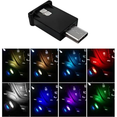 Lumière d'ambiance LED USB de type C, 8 couleurs RVB LED d'ambiance de voiture avec luminosité réglable, veilleuse USB 5 V, décoration intérieure pour véhicule et bureau (1/5)