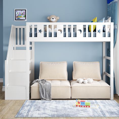 Lit mezzanine enfant 90x200 cm blanc en bois massif avec escalier, garde-corps sécurisé, décor lune et étoiles