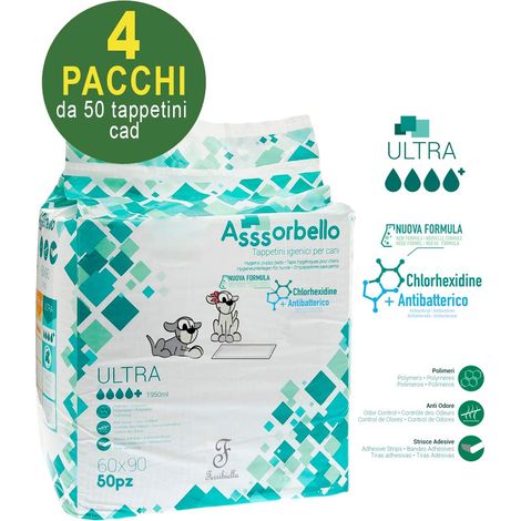 200 Asssorbello Ultra 60x90 cm tapis hygiéniques pour chiens - 4 paquets de 50 chacun