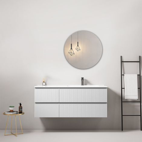 Mobile bagno sospeso cannettato 120 cm Bianco Lavabo a Destra in Ceramica Specchio Tondo - Fiji Paint (1/4)