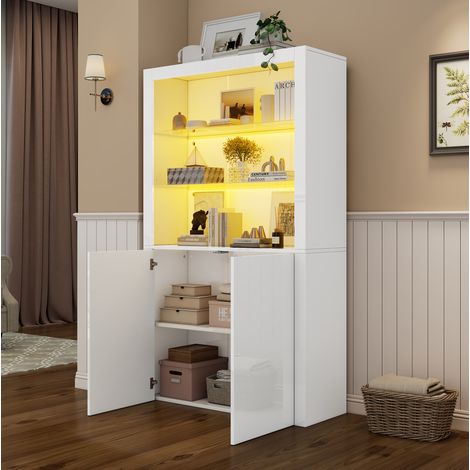 Vitrine haute blanche 100 x 35 x 170 cm en MDF, LED et verre trempé (1/5)