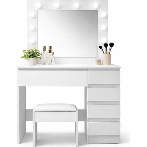 Aga Tavolo da toeletta con specchio e illuminazione + sgabello Bianco opaco
