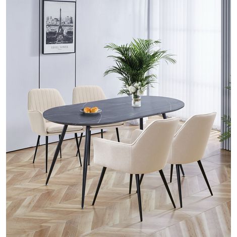 Hallowood Furniture Cullompton Large Dining Table and Chairs Set 4, Grey Marble Effect Oval Kitchen Table and Beige Fabric Armed Kitchen Chairs, Modern Dining Room Sets for Home and Café (1/5)