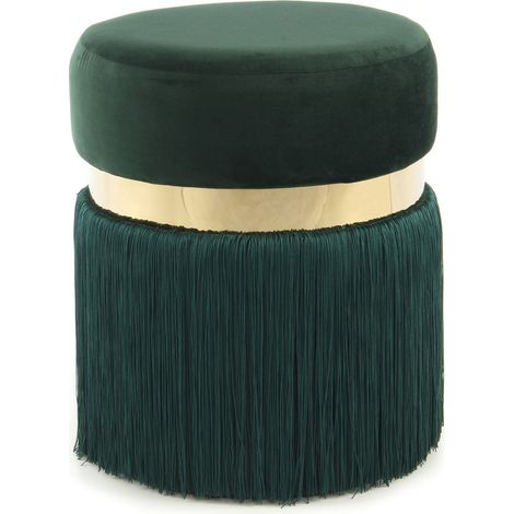 Pouf di design Rebecca con frange e anello dorato verde (1/3)