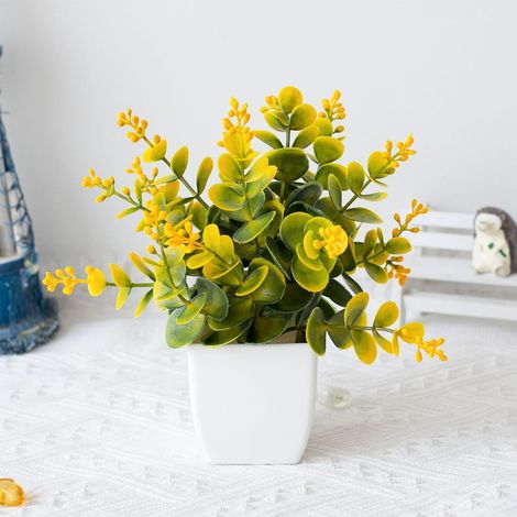 Bonsai Artificiel - Plante Décorative en Plastique - Pour Intérieur Chambre Bureau Jardin - 18 x 16 cm - Jaune - 1 Pièce (1/4)