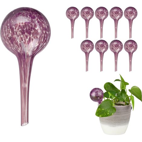 Set 10 Globos Riego, Sistema Autorriego Maceta, Estaca Regar Planta Interior y Exterior, Oficina, Ø 6cm, Vidrio, Púrpura
