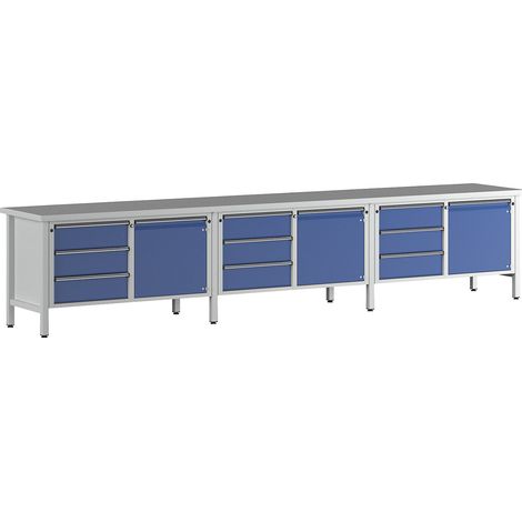 ANKE, Établi extra-large sur piétement, 3 portes, 9 tiroirs