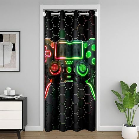 Jeux de Garçon Rideau Porte,Salle de Jeux Décor Rideaux de Séparation de Chambre pour la Porte,Vert Rouge Gamepad Jeu Rideau de Porte,Imprimé En Nid D'Abeille Géométrique Rideau Occultant 86x203 - 86x (1/5)
