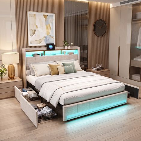 Superaly Lit Double Capitonné 160x200 cm, 4 Tiroirs de rangement avec Roulettes, Double Ports USB et Type-C, éclairage LED réglable, Lit Adulte Moderne, Lin, Beige (1/5)