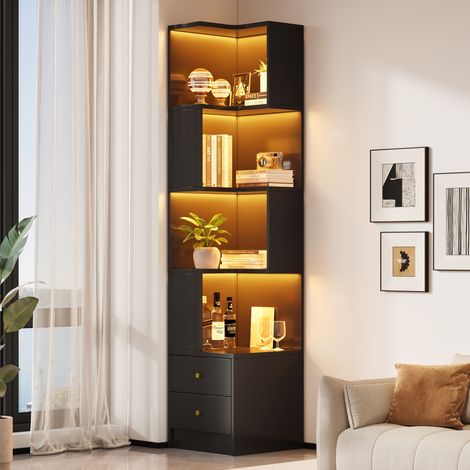 Eckregal 45x43.5x180 cm, App gesteuerte LED Beleuchtung, vier offene Ebenen, MDF, schwarz (1/5)