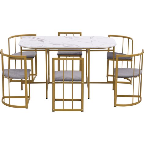 Juego de comedor de 7 piezas blanco con 6 sillas y estructura dorada (1/5)
