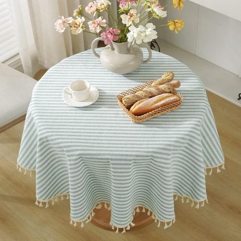 Nappe ronde à rayures et franges, coton lin, 120cm, vert/blanc