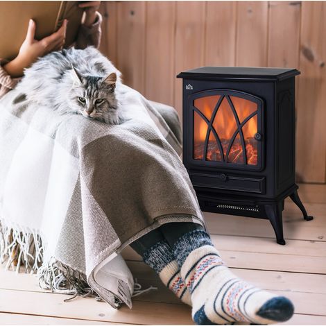 Chimenea eléctrica de pie, efecto llama, 1000 W / 2000 W, negra OKMYHOME (1/5)
