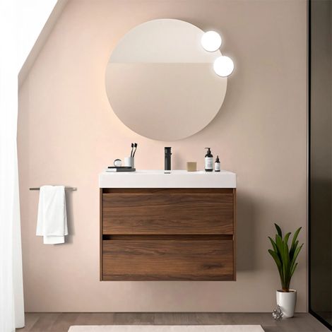Mobile bagno sospeso 80 cm noce maya con due cassetti e lavabo in resina Gaya (1/5)