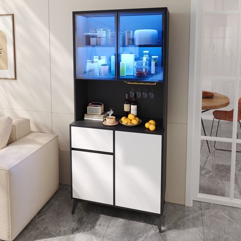 Buffet de Cuisine Vaisselier Noir et Blanc - Vitrine LED RVB Connectée App, 2 Portes en Verre, Niche, Porte-Verres Doré, 1 Tiroir, 2 Portes Basces - 80x40x180cm (1/5)
