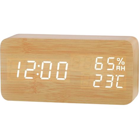 Réveil de bureau en bois avec jour, date, température, humidité, 3 niveaux de luminosité réglables, commande vocale, thermomètre et hygromètre d'intérieur pour serre, jardin, cave (1/5)
