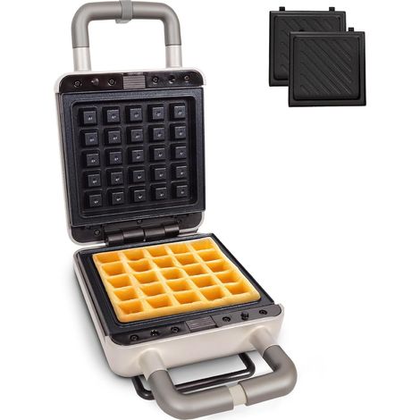 Gaufrier et Croque-Monsieur 2 en 1 – Plaques Interchangeables Anti-Adhésives – Thermostat et Voyants Lumineux – Rangement Vertical – Compact Argent Mat (1/5)