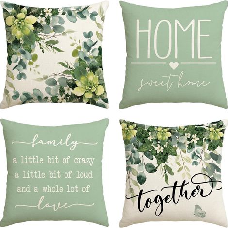 Lot de 4 housses de coussin d'été - Motif fleurs d'eucalyptus - 45 x 45 cm - Décoration pour canapé (1/5)