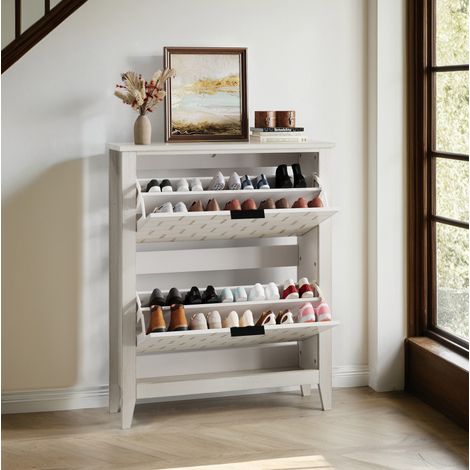 Meuble à chaussures 80 cm avec 2 tiroirs rabattables, pieds en bois massif, blanc rétro, pour couloir et entrée (1/5)
