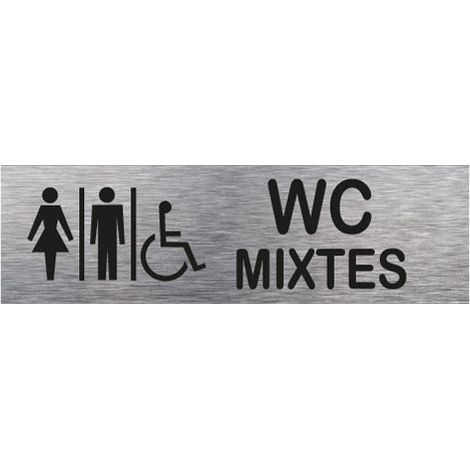 Signaletique.Biz France – Plaque de porte WC mixtes 170x50 mm – Aluminium brossé – Adhésif pour fixation rapide – Signalétique professionnelle