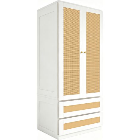 Armario ropero blanco 70 x 55 x 170 cm con 2 puertas, 2 cajones y balda, efecto ratán (1/5)