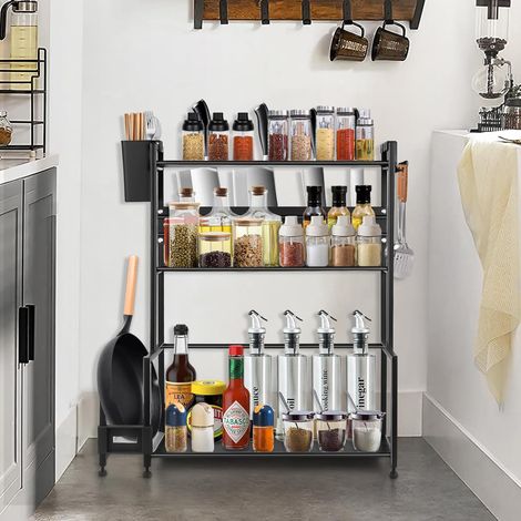 Organisateur en métal pour Plan de Travail - Étagère à épices Debout- Grande capacité - avec Support de Planche à découper - Porte-ustensiles - avec 6 Crochets -48  21  49cm-Trois Couches