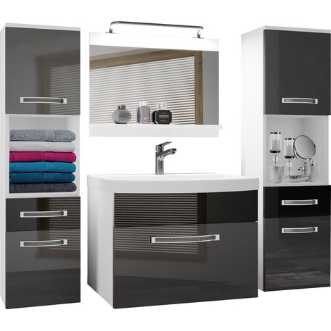 BELINI Meuble de Salle de Bain Lavabo Inclus, Meuble sous-Vasque, Miroir et 2X Cabinet Largeur: 140 cm Kit d'éclairage Inclus Couleur : Argent très Brillant/Noir très Brillant (1/5)