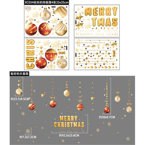 Autocollants décoratifs pour fêtes de Noël, boules de Noël Amazon, flocons de neige dorés, autocollants statiques pour vitrines de magasins