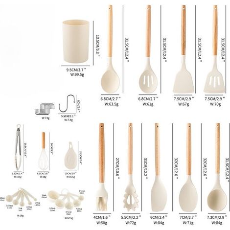 Set completo da cucina, composto da 33 pezzi di spatole da cucina antiaderenti in silicone con supporto per riporle, utensili da cucina in silicone con manici in legno. (1/5)