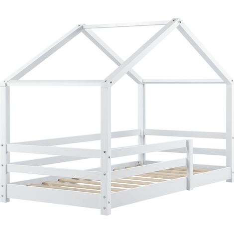 Letto a soppalco per bambini fatto in casa con barriera e rete a doghe in legno di pino bianco 200 x 90 cm 030005527