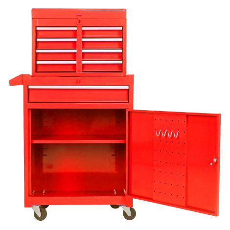 Boîte à outils mobile pour garage – Structure télescopique à 5 niveaux avec roulettes, partie supérieure amovible et étagères réglables – Rouge