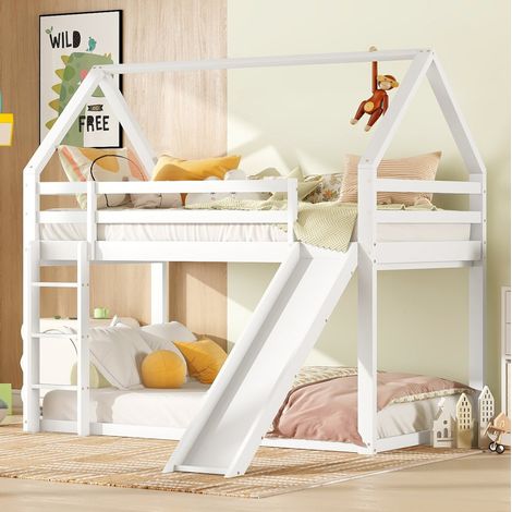 Etagenbett 90x200 cm Weiß aus Kiefernholz und MDF mit Rutsche, Leiter und Hausform (1/5)