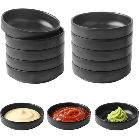 10 Schwarz Dipschalen Set Soja Saucenschälchen Runde Japanische  9×2,5 cm Kunststoff Bowls, Spülmaschinenfest, Langlebig, für Sushi Snack Gewürze Saucen Tapas Soße (1/5)