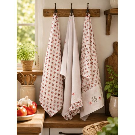 Lot de 3 torchons de cuisine 50 x 70 cm – Imprimé floral et broderie cœur - 50x70cm - Blanc (1/2)