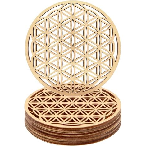Lot de 10 dessous de verre en bois, motif Fleur de Vie, pour la méditation, décoration d'intérieur et de restaurant (10 x 10 cm) (1/5)